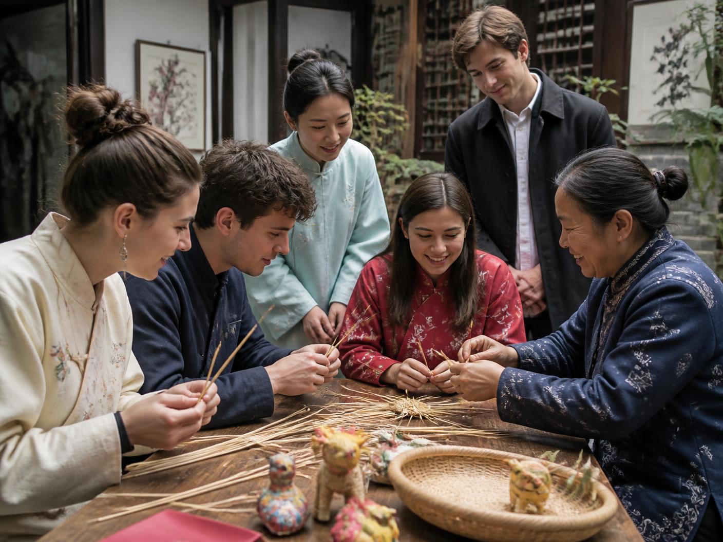 A young international group making a traditional craft at a courtyard table with a local practitioner.