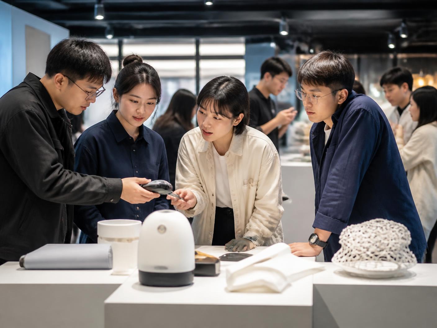Young professionals examining product prototypes in a contemporary innovation and design space.
